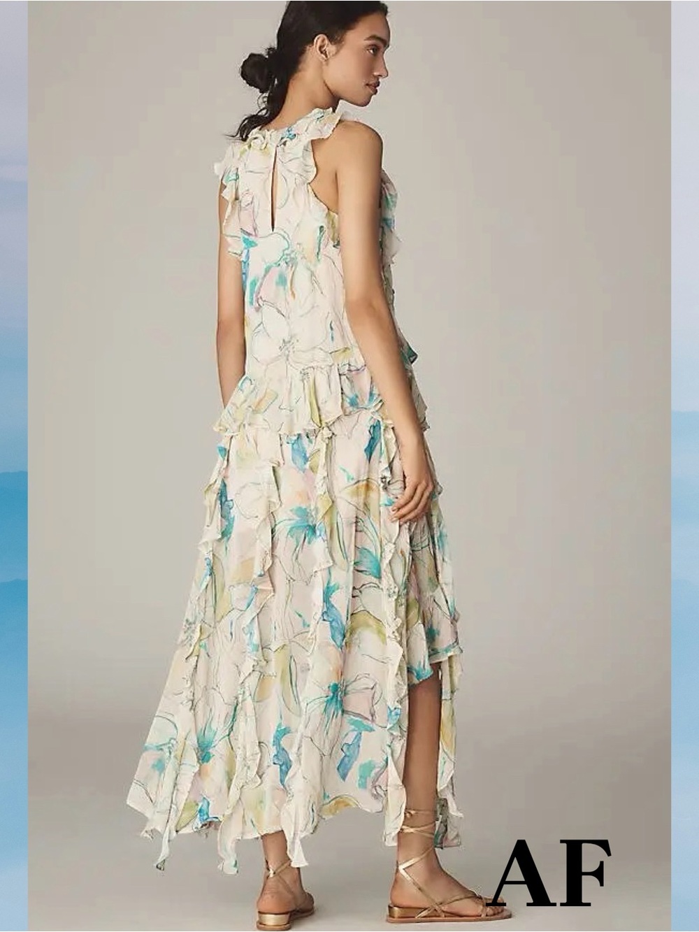 Maeve Floral Ruffle High-Low Maxi Dress in Beige and Aqua New Large - Picture 3 of 6